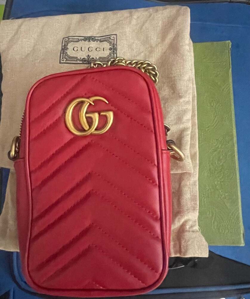 Gucci GG Marmont Vertical Phone Crossbody Bag Matelasse Leather Mini Red